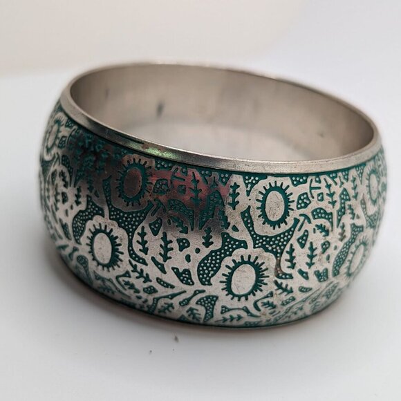 Silver Plated Engraved in Blue Design Bangle Bracelet Aqua Vintage 7.5" - Picture 3 of 8